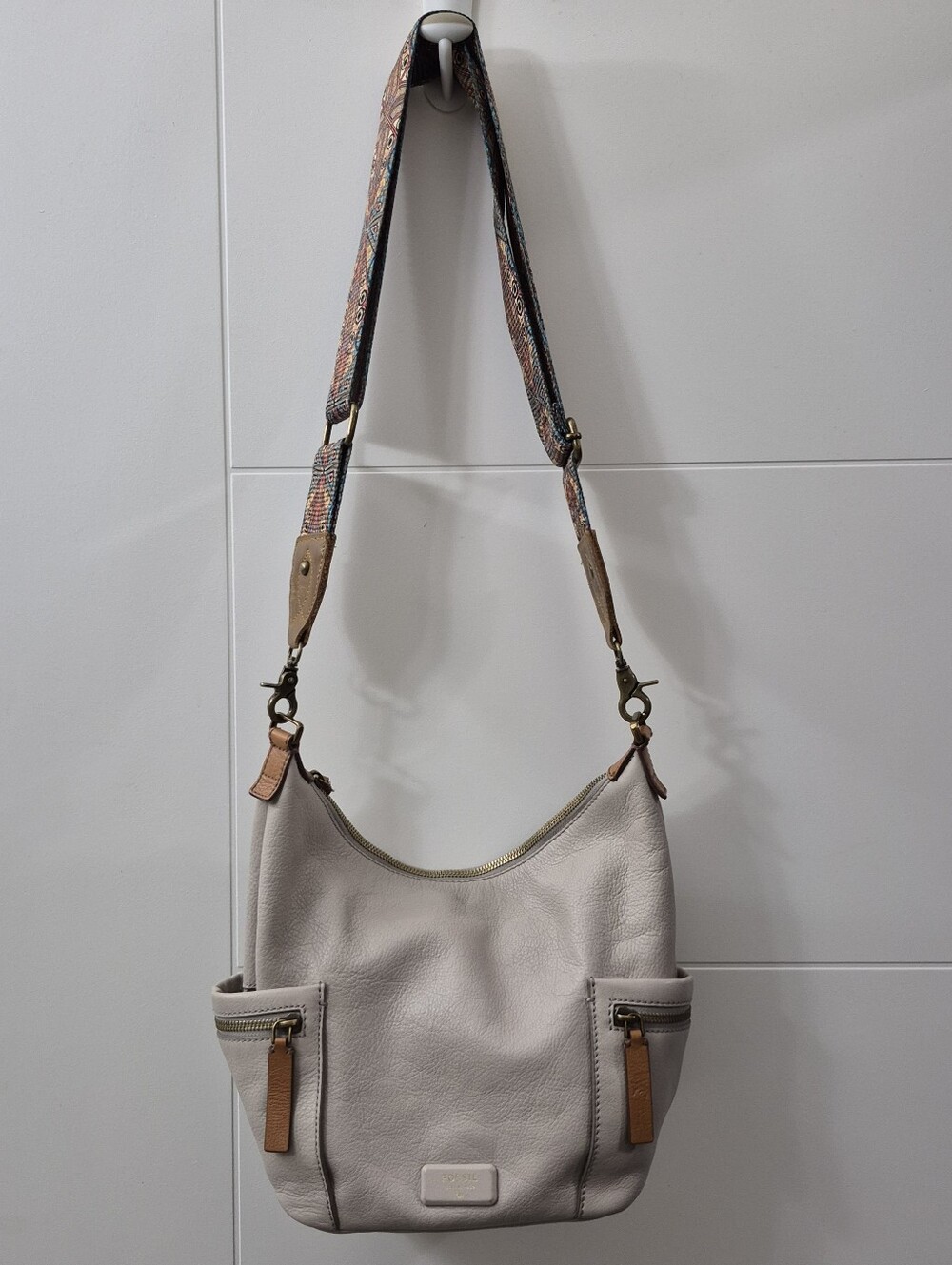 Fossil Emerson Hobo Grey Leather Shoulder Bag with Patterned Adjustable Strap